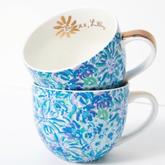 Lilly Pulitzer Ceramic Mugs Cups 2 Piece Blue Floral Print - Picture 1 of 10